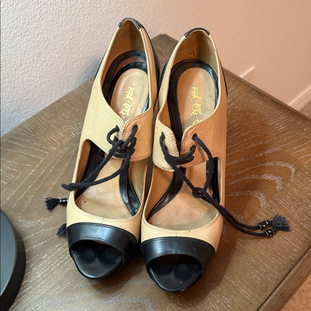 L.A.M.B. Tan and Black Lace-Up Peep Toe Heels